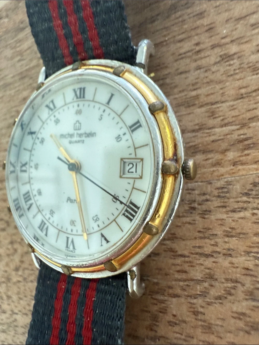 Michel Herbelin Paris Vintage White Dial Quartz Watch with Navy and Red Strap
